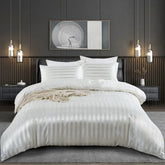 Luxury Satin Striped Duvet Cover Set - Ivory White Silky Bedding - Himpall